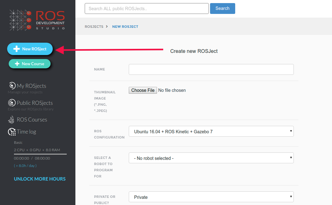 Creating a new ROSject in ROSDS