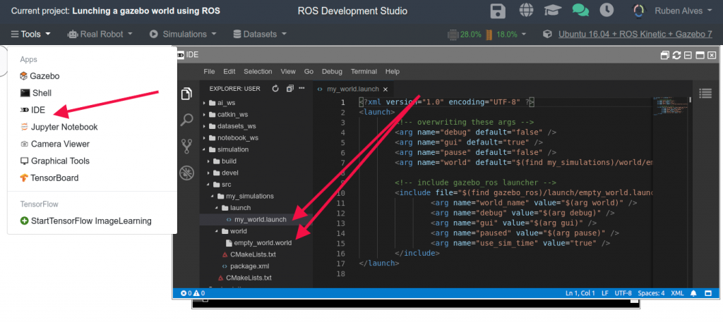 Tools -> IDE. Opening the Code Editor on ROSDS