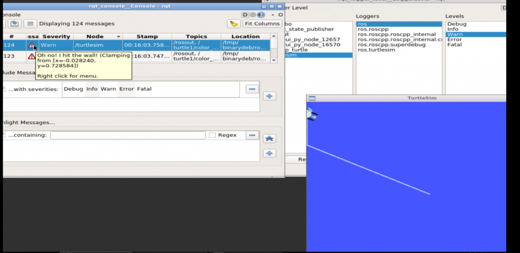 rqt_console - ScapeTurtle runs into a Wall!